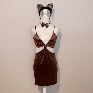 Kitty cat doll costume/dress Brown Cut-Out Dress with Leopard Accessories
